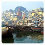 Boats Moored in Front of Ghats on the River Ganges, Varanasi